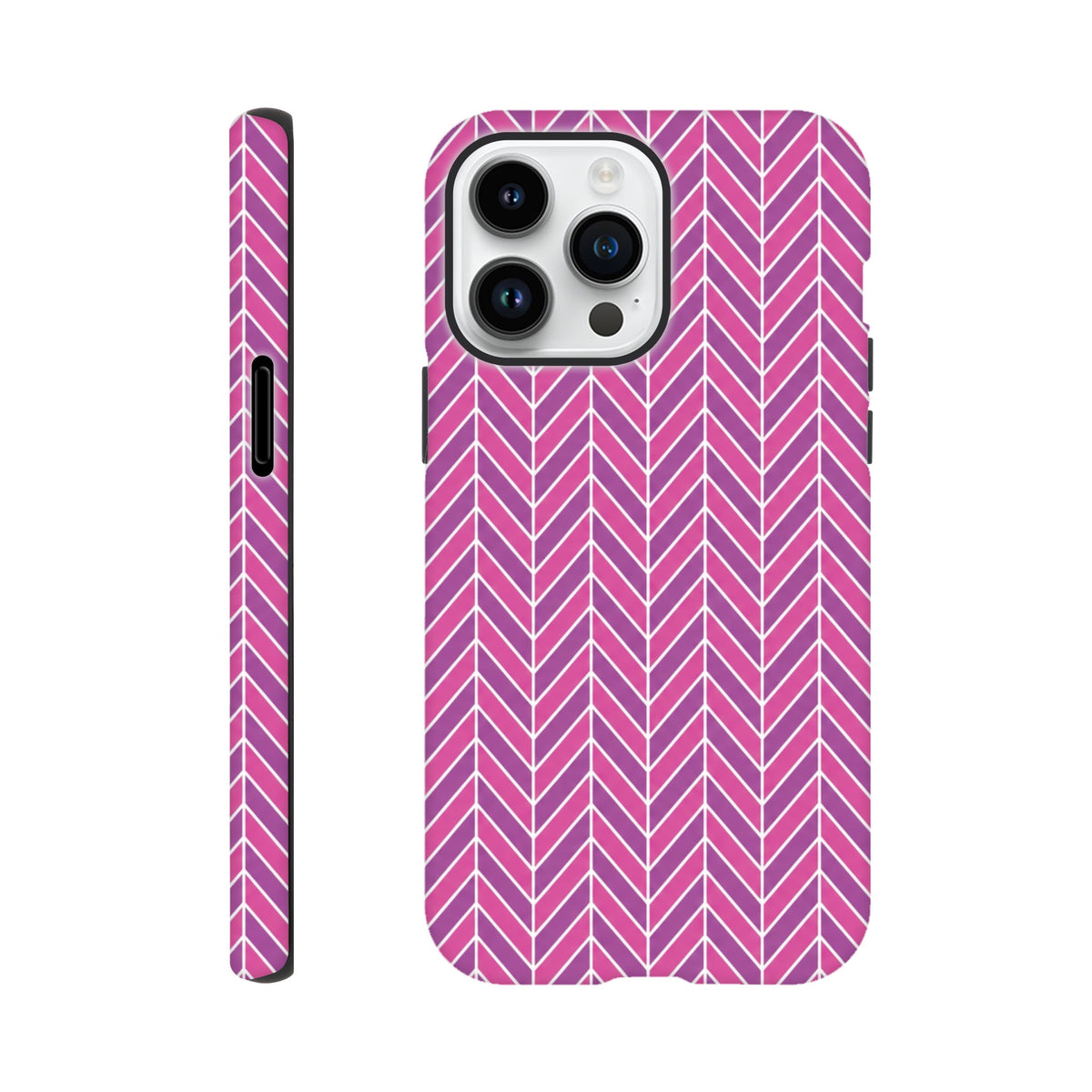 Pink herringbone geometric iPhone case featuring shock-absorbing TPU and reinforced dual-layer frame for durable daily impact resistance.