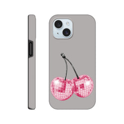 Grey iPhone case featuring pink disco ball cherry design. Tough fruit phone cover compatible with iPhone 13 through 16 models.