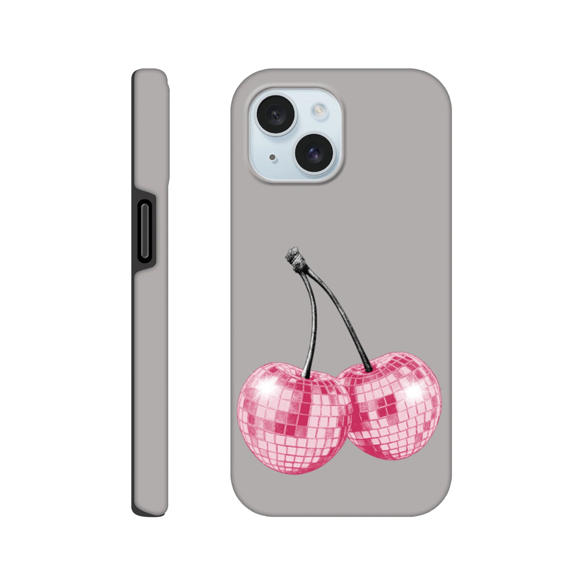 Grey iPhone case featuring pink disco ball cherry design. Tough fruit phone cover compatible with iPhone 13 through 16 models.