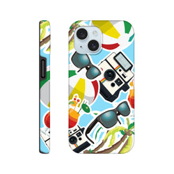 Tough iPhone case featuring a blue summer sticker aesthetic with palm trees, vintage cameras, sunglasses, and beach vibes.