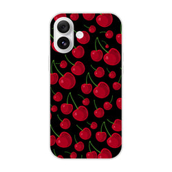 Retro red cherry pattern iPhone case on black background. Slim TPU phone cover with matte finish for vintage streetwear style.