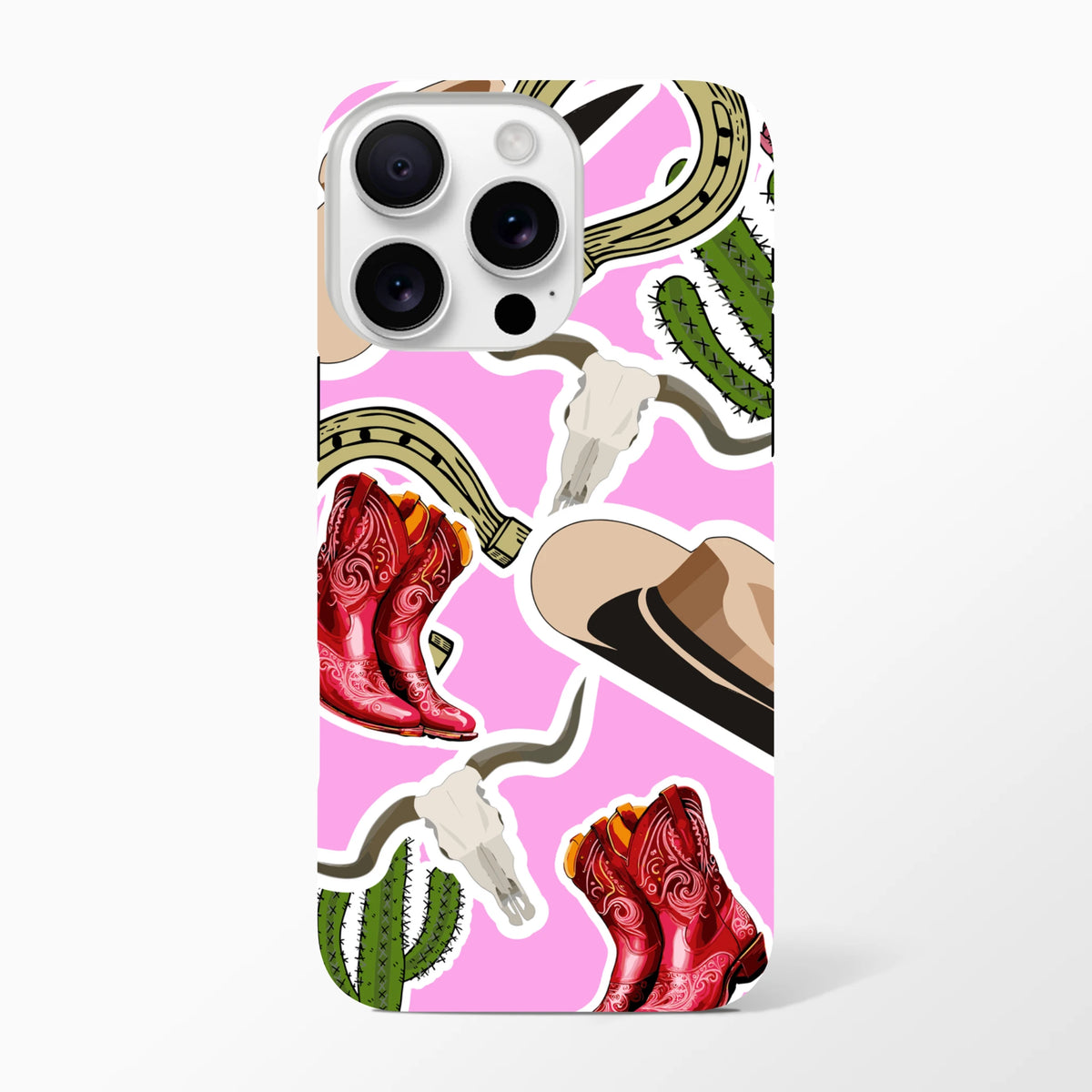 Pink western iPhone case featuring cowboy boots, cactus, horseshoe, and longhorn design for drop resistance.