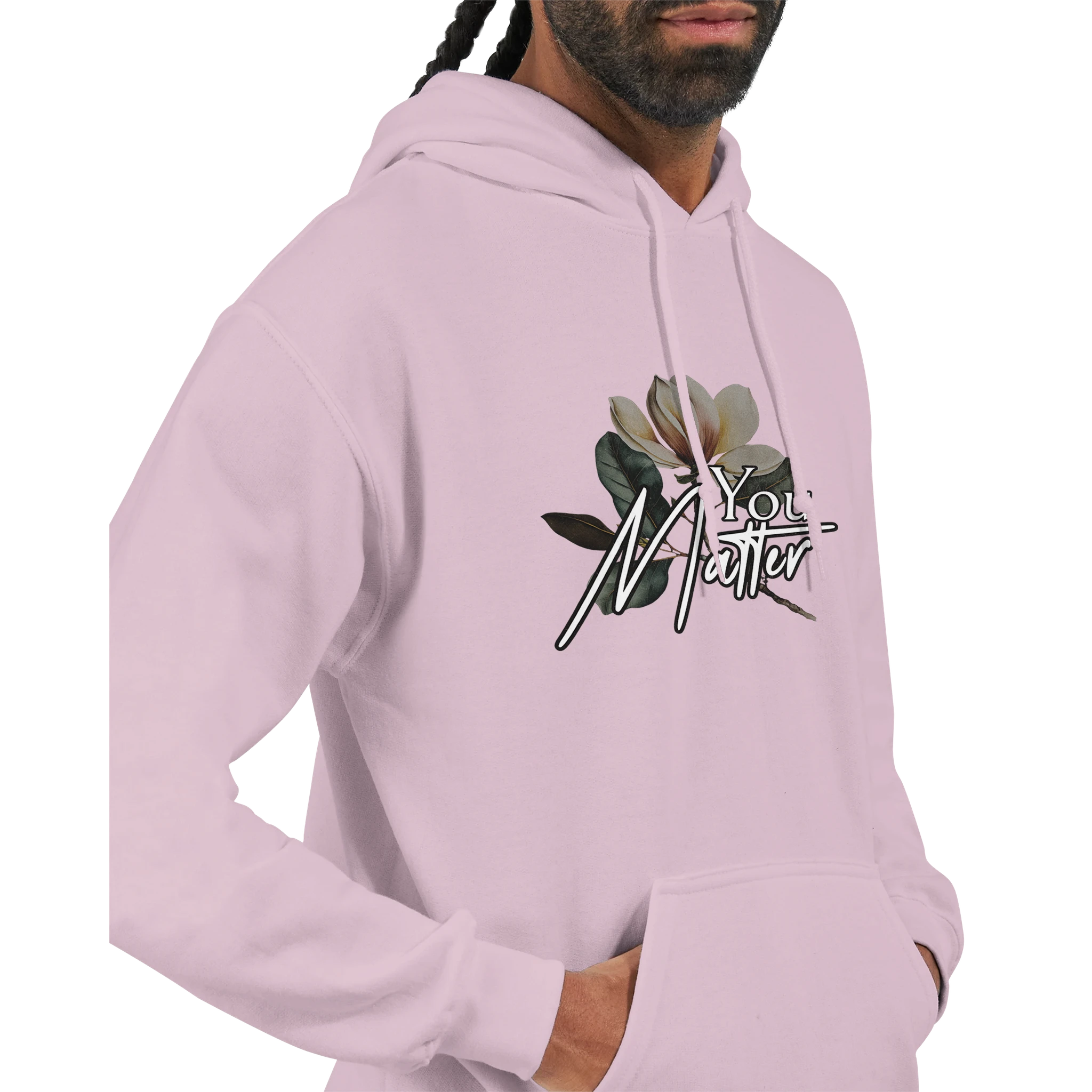Men's You Matter hoodie in lavender with floral graphic, 50/50 cotton-polyester, front pouch pocket.