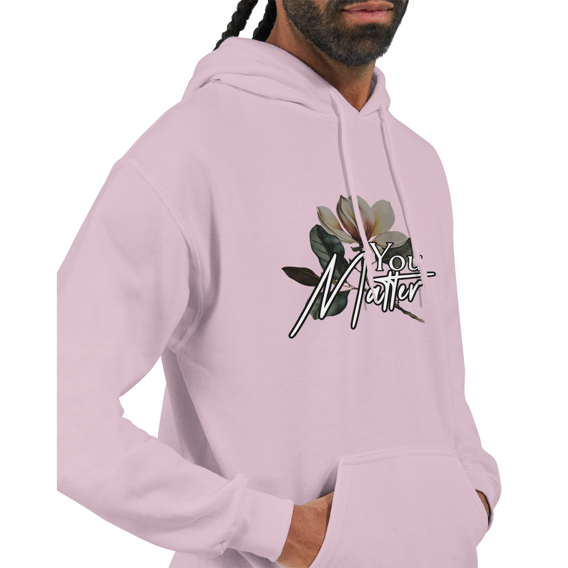 Men's You Matter hoodie in lavender with floral graphic, 50/50 cotton-polyester, front pouch pocket.