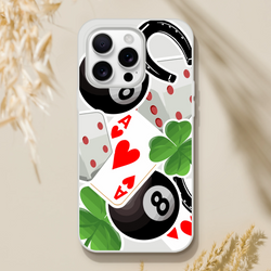 Lucky charm iPhone case featuring 8-ball, ace of hearts, four-leaf clover, horseshoe, and dice collage on durable clear shell.