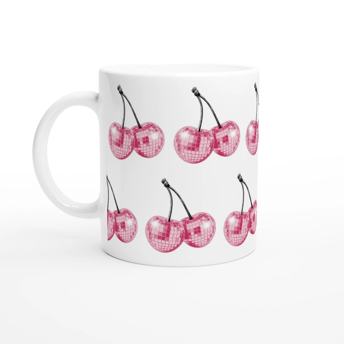 Glitter Ball Cherries mug: glossy white ceramic with repeating pink glitter cherry print.