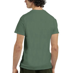 Back view of a man wearing a green Gothic Gods men's graphic T-shirt in a soft cotton blend.