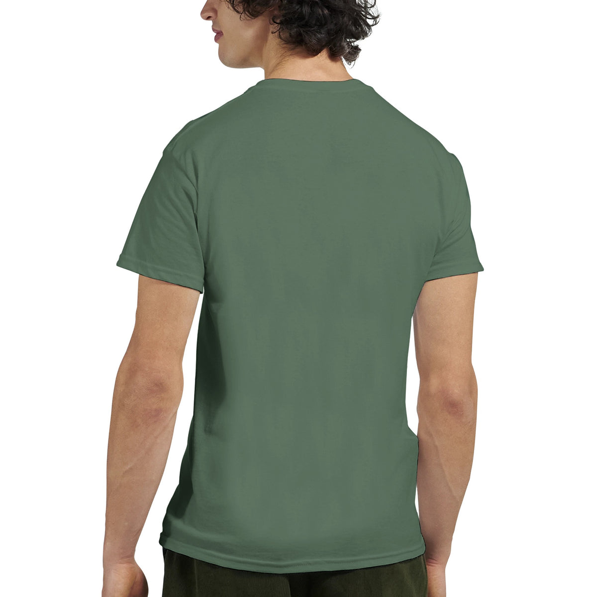 Back view of a man wearing a green Gothic Gods men's graphic T-shirt in a soft cotton blend.
