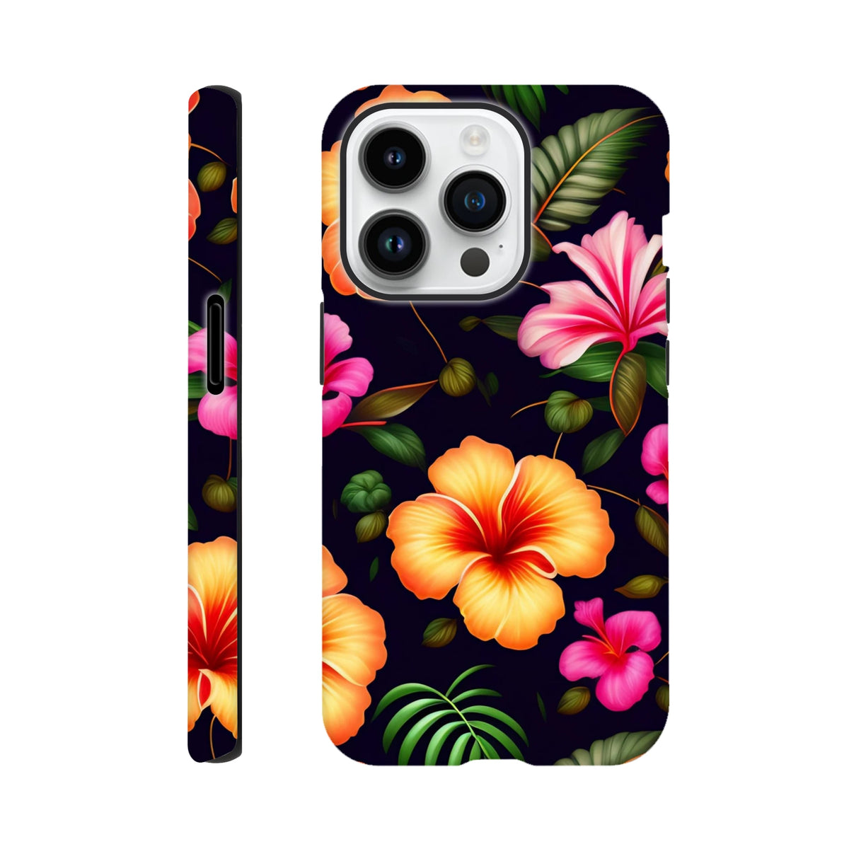 Tough iPhone case featuring vibrant pink and orange hibiscus flowers with green tropical leaves on a dark background.