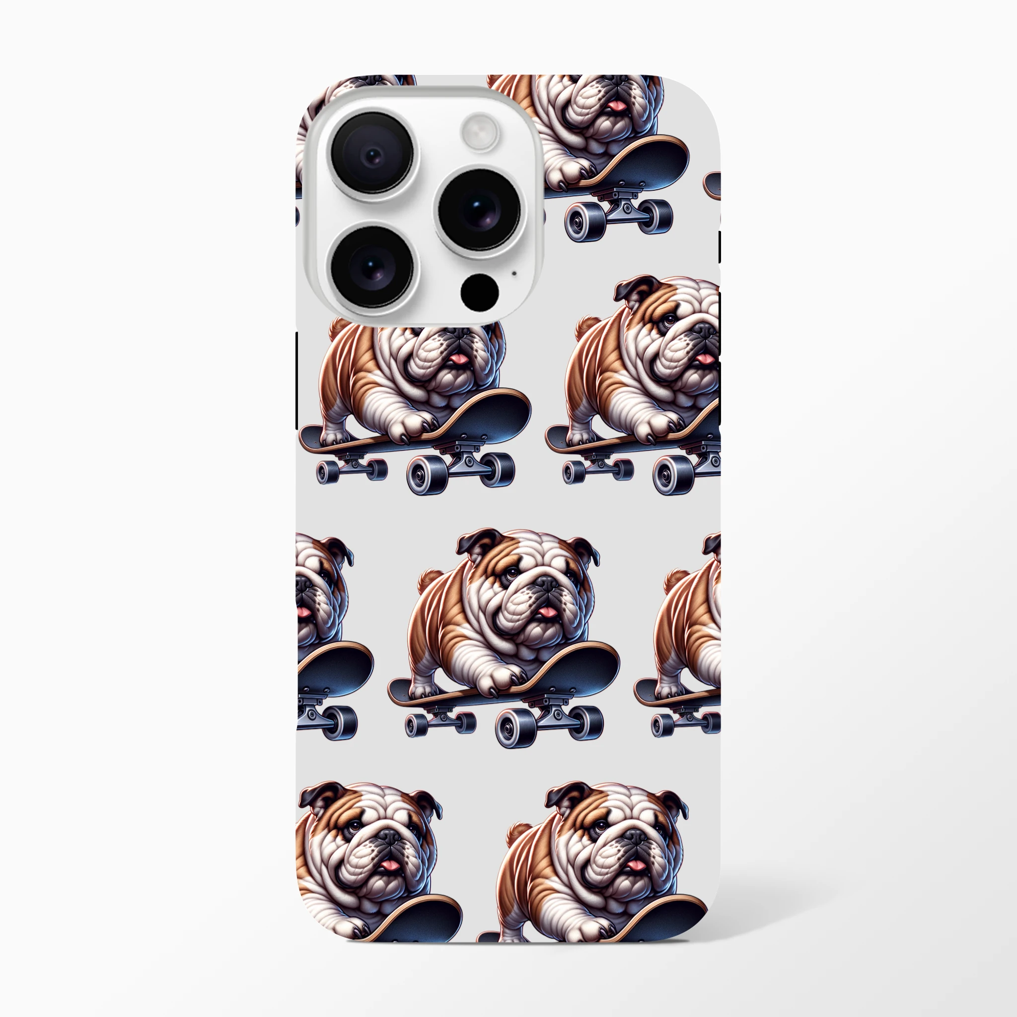 Tough iPhone case featuring bulldogs on skateboards with wraparound print.
