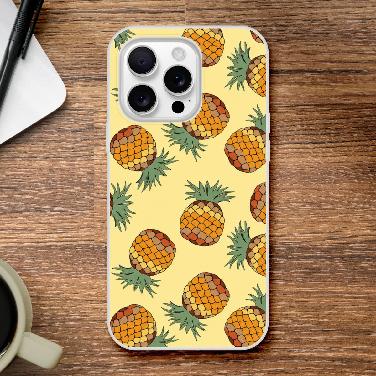 Yellow pineapple-pattern iPhone case for 13–16 with a slim matte finish.