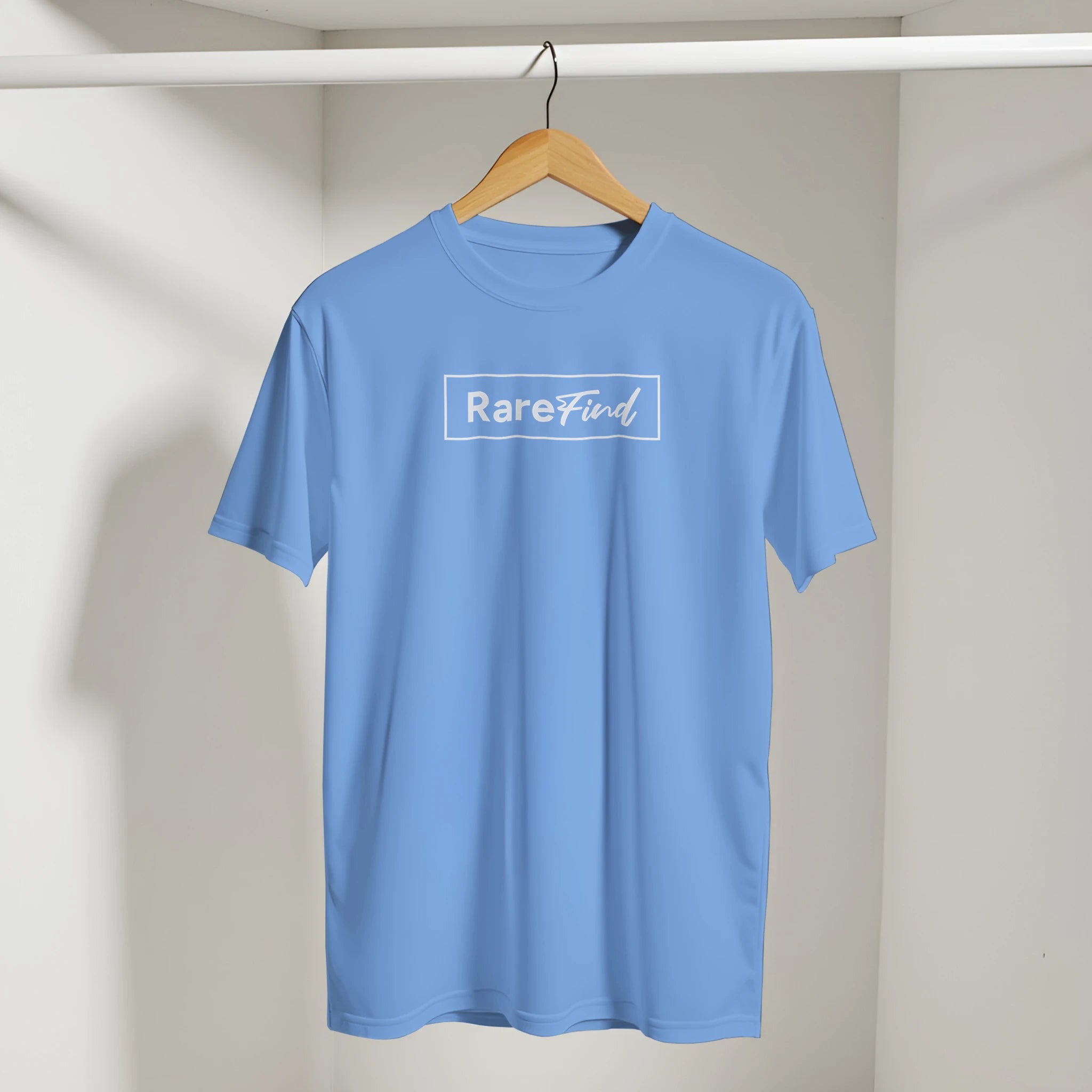 Blue tee on hanger with white rectangular RareFind logo print.