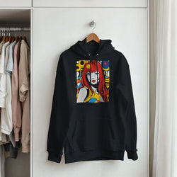 Black hoodie featuring bold retro pop art graphic of a red-haired woman with colorful geometric shapes on the chest.