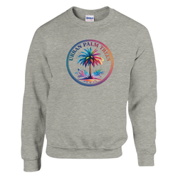 Gray heather pullover sweatshirt with a vibrant circular palm tree graphic and Urban Palm Trees text.