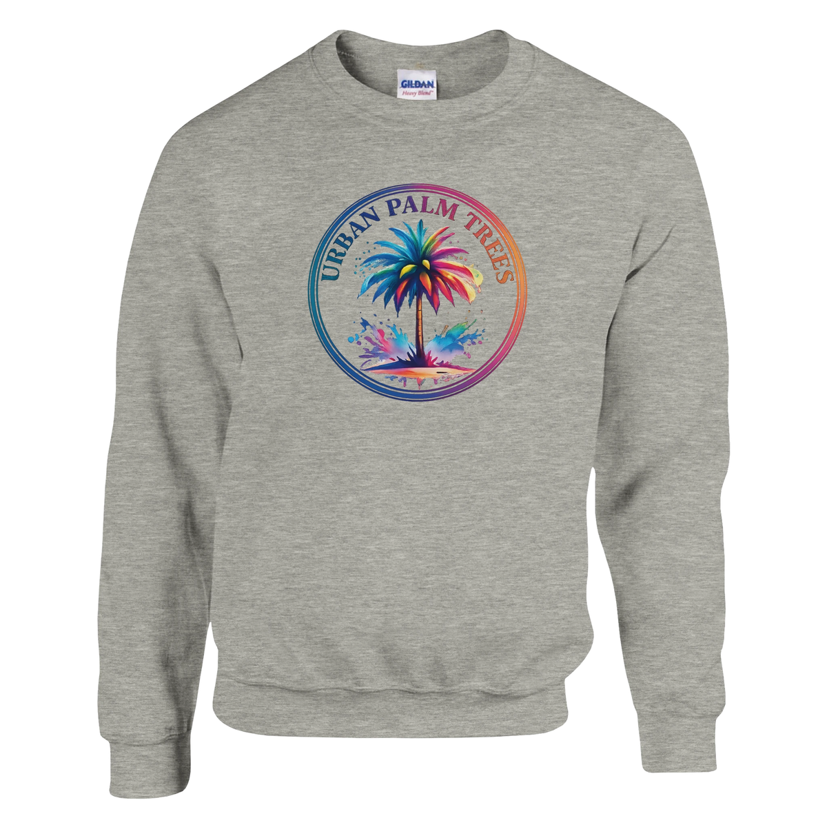 Gray heather pullover sweatshirt with a vibrant circular palm tree graphic and Urban Palm Trees text.