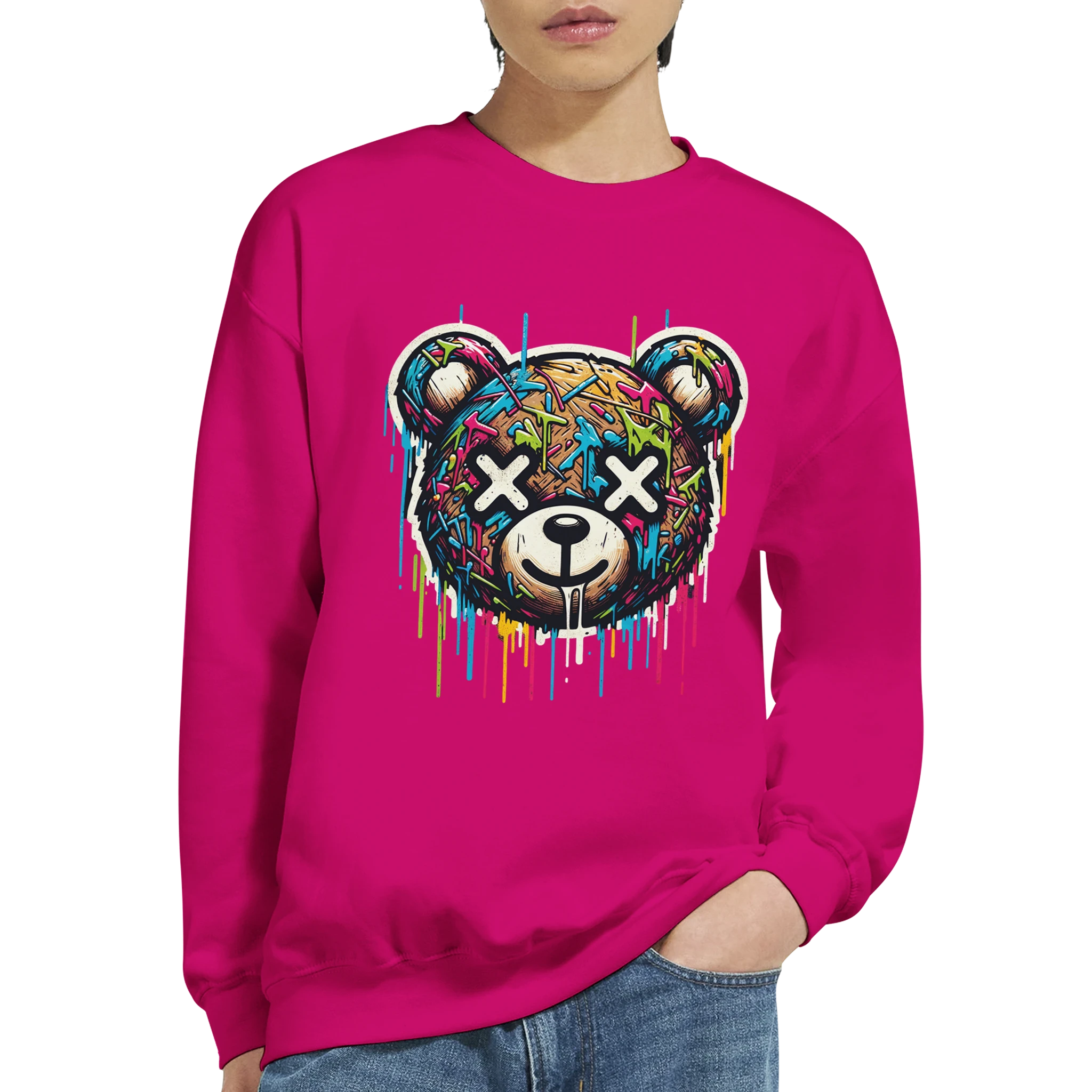 Pink teddy bear graphic sweatshirt with colorful graffiti-style bear and dripping paint details.
