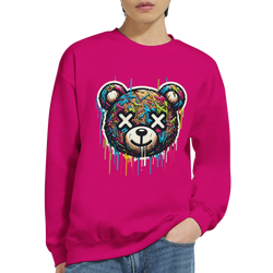 Pink teddy bear graphic sweatshirt with colorful graffiti-style bear and dripping paint details.