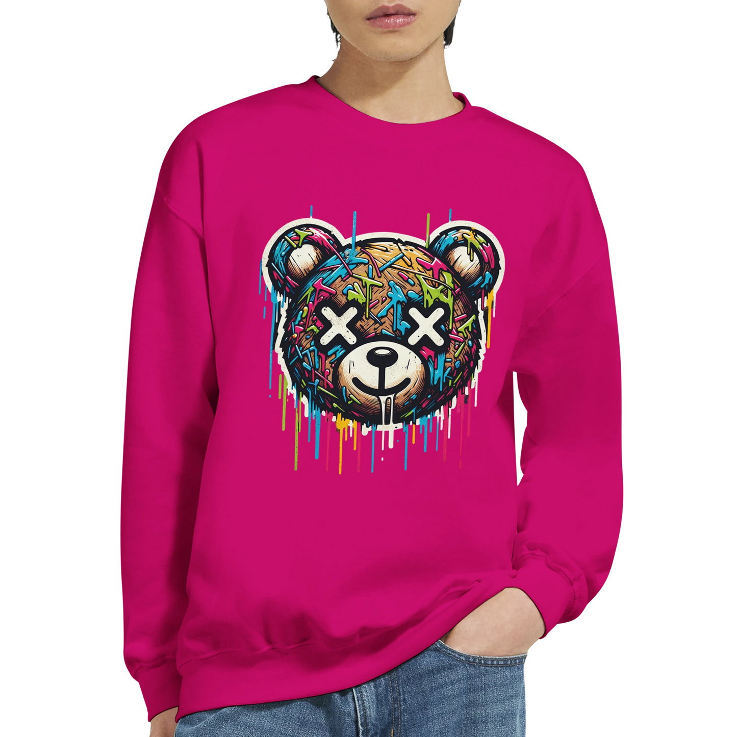 Person wearing a pink men's graphic sweatshirt with a colorful bear graphic design on a white background close