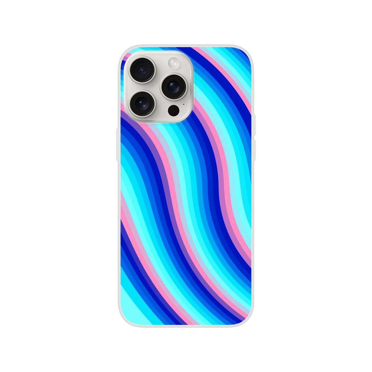 Blue and pink retro wave iPhone case for iPhone 13–16 with groovy Y2K swirl, matte finish.