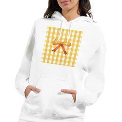 White hoodie featuring yellow gingham square and 3D orange bow print. Coquette aesthetic women's jumper with front pocket and oversized fit.
