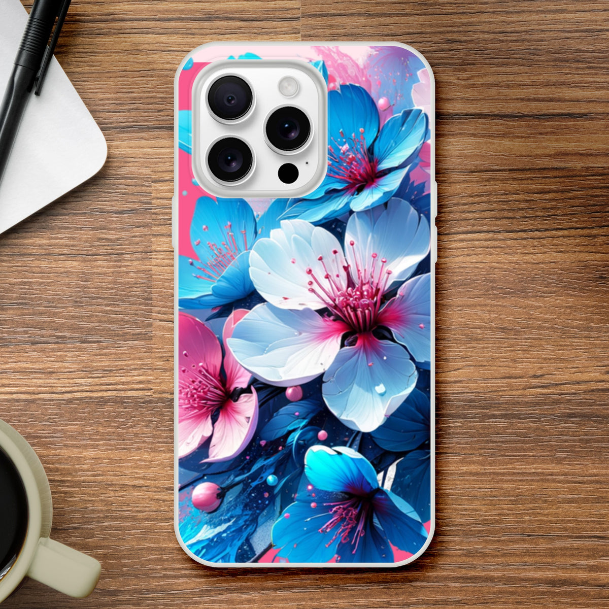 Blossom floral iPhone case, slim TPU cover with pastel blue and pink flowers for iPhone 16–13.
