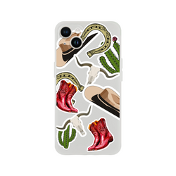 Western cowboy sticker iPhone case (13-16) featuring boots, cactus and horseshoe in vintage western style.