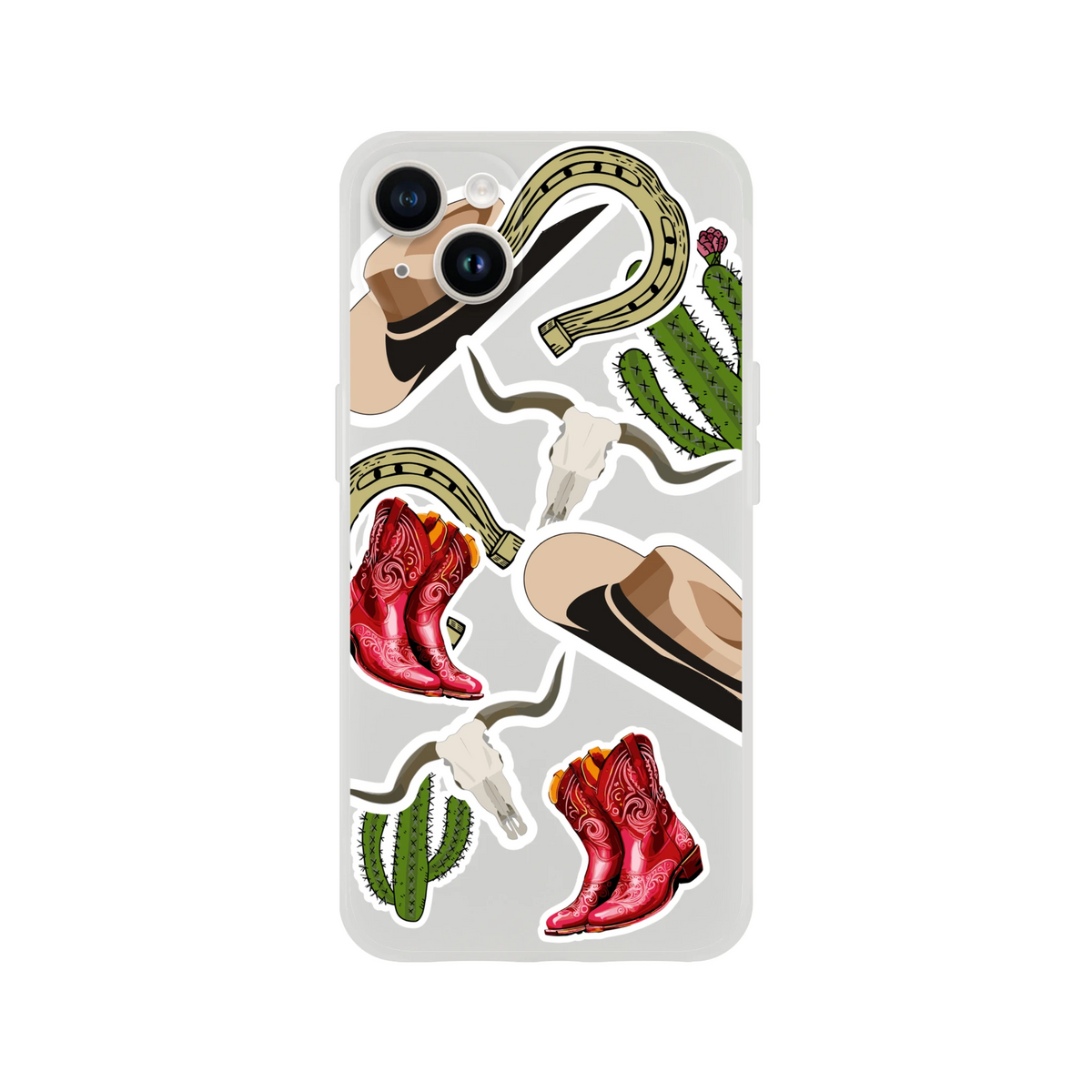 Western cowboy sticker iPhone case (13-16) featuring boots, cactus and horseshoe in vintage western style.