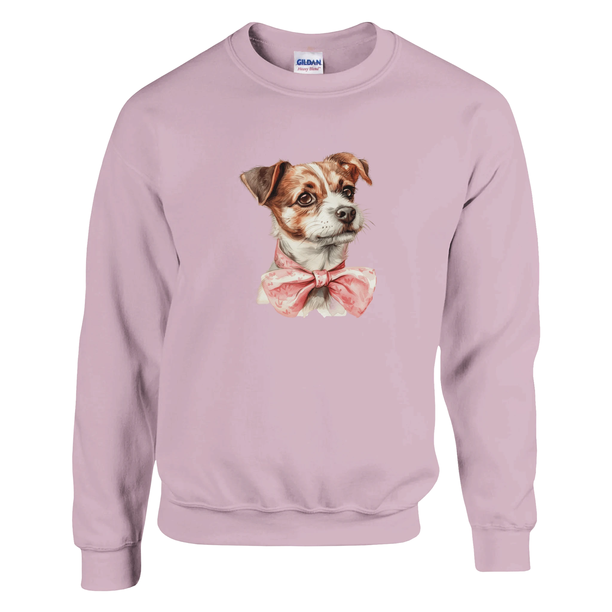 Classic unisex Gildan 18000 heavy-blend sweatshirt in pastel pink with a cute dog wearing a pink bow tie.