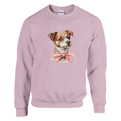 Classic unisex Gildan 18000 heavy-blend sweatshirt in pastel pink with a cute dog wearing a pink bow tie.