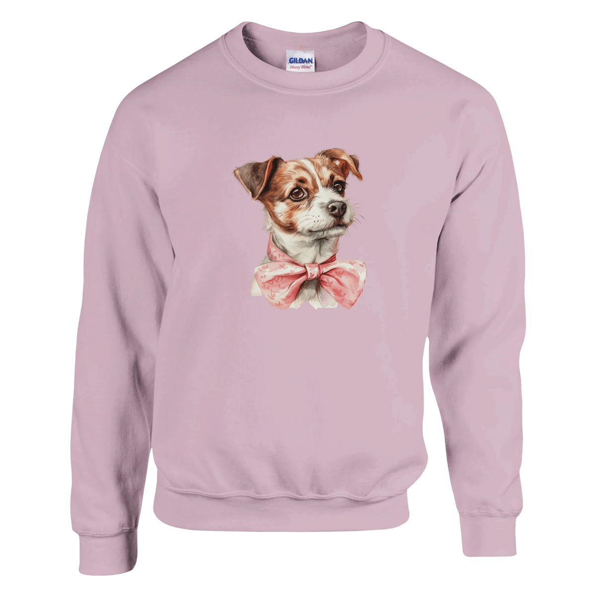 Classic unisex Gildan 18000 heavy-blend sweatshirt in pastel pink with a cute dog wearing a pink bow tie.