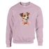 Classic unisex Gildan 18000 heavy-blend sweatshirt in pastel pink with a cute dog wearing a pink bow tie.
