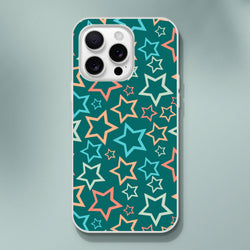 Retro multicolour star pattern iPhone case for 13-16, teal background with peach stars, Y2K aesthetic.
