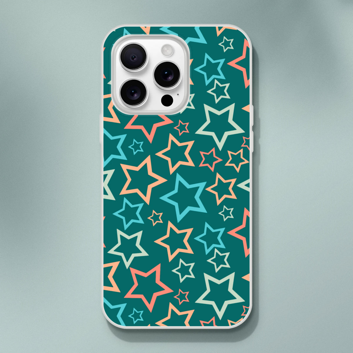 Retro multicolour star pattern iPhone case for 13-16, teal background with peach stars, Y2K aesthetic.