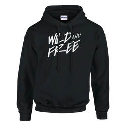 Black hoodie with bold white Wild and Free slogan graphic for women.