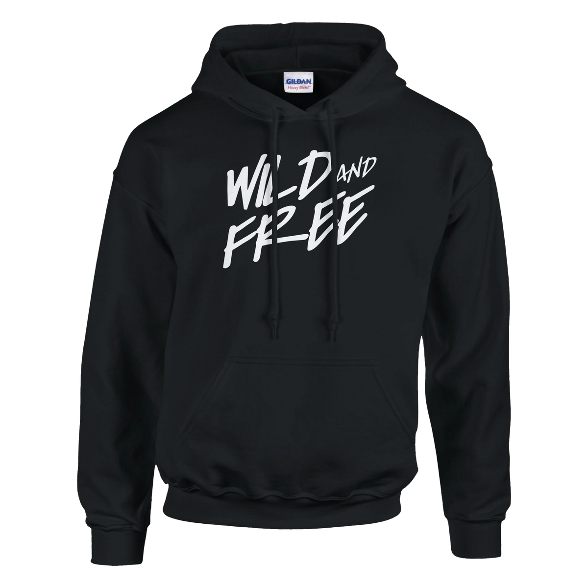 Black hoodie with bold white Wild and Free slogan graphic for women.