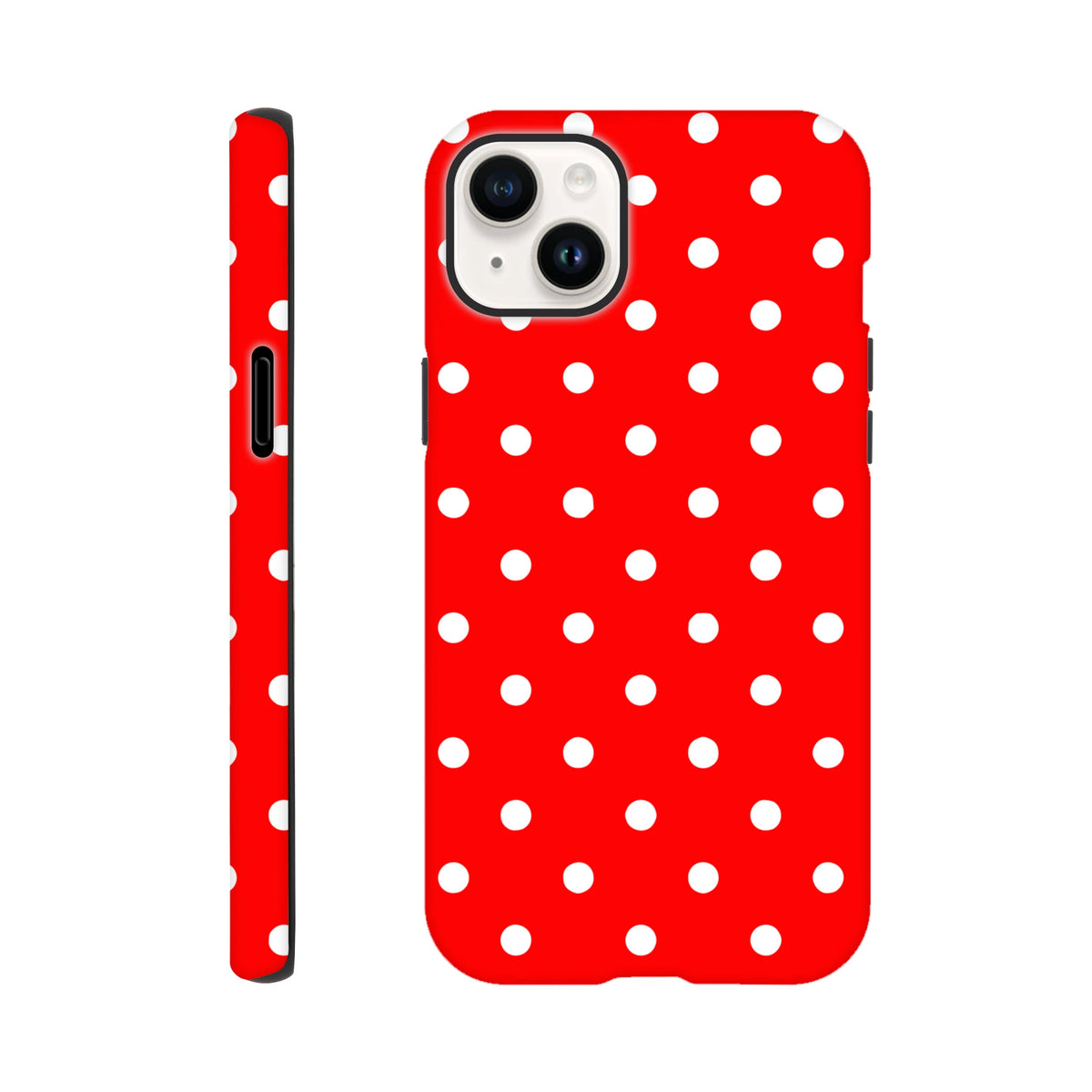 Red and white polka dot tough iPhone case with glossy wraparound print, designed for iPhone 13-16 protection.