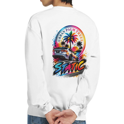 White crewneck sweatshirt featuring back graphic of a slammed modified car, palm trees, and colorful Static text art.