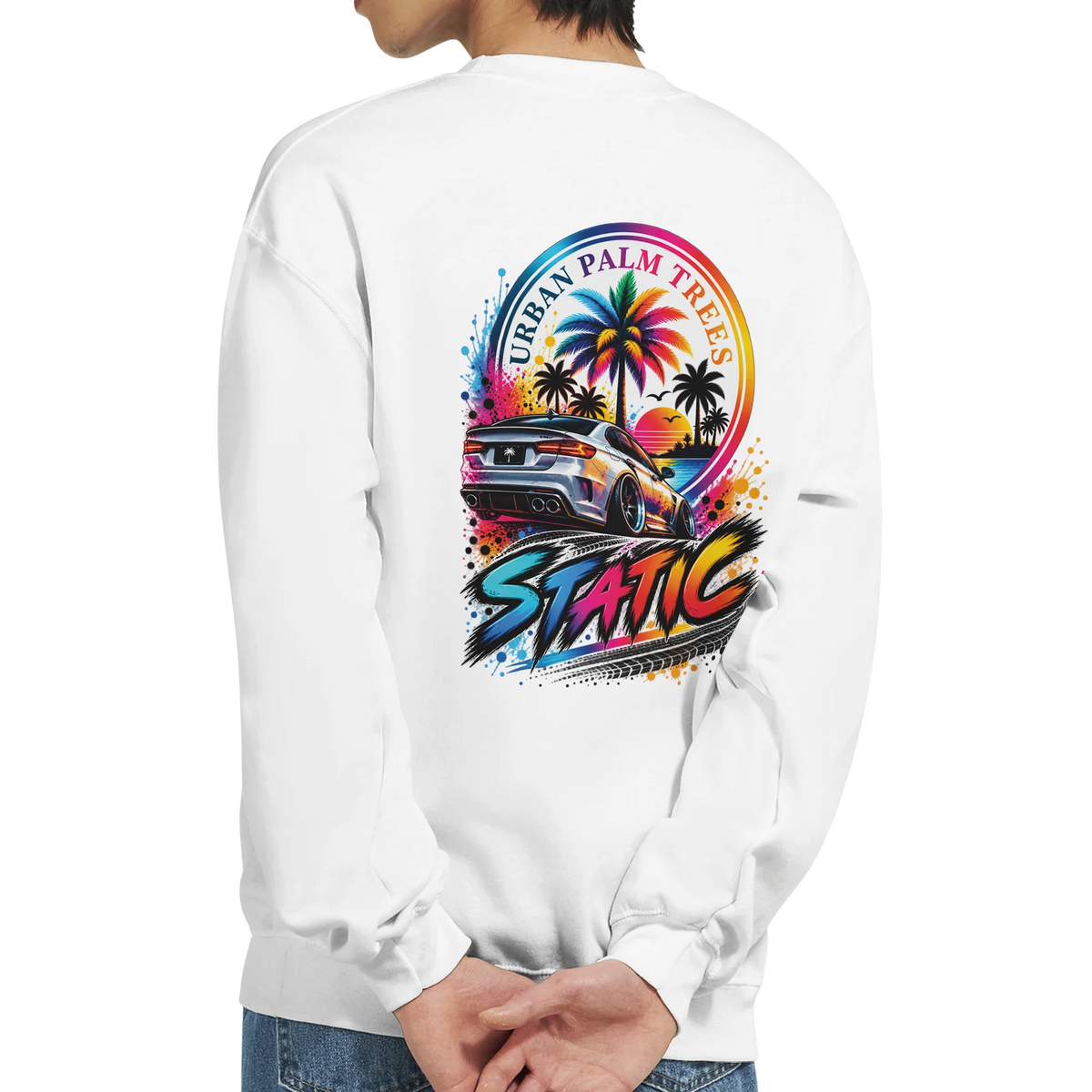 White crewneck sweatshirt featuring back graphic of a slammed modified car, palm trees, and colorful Static text art.
