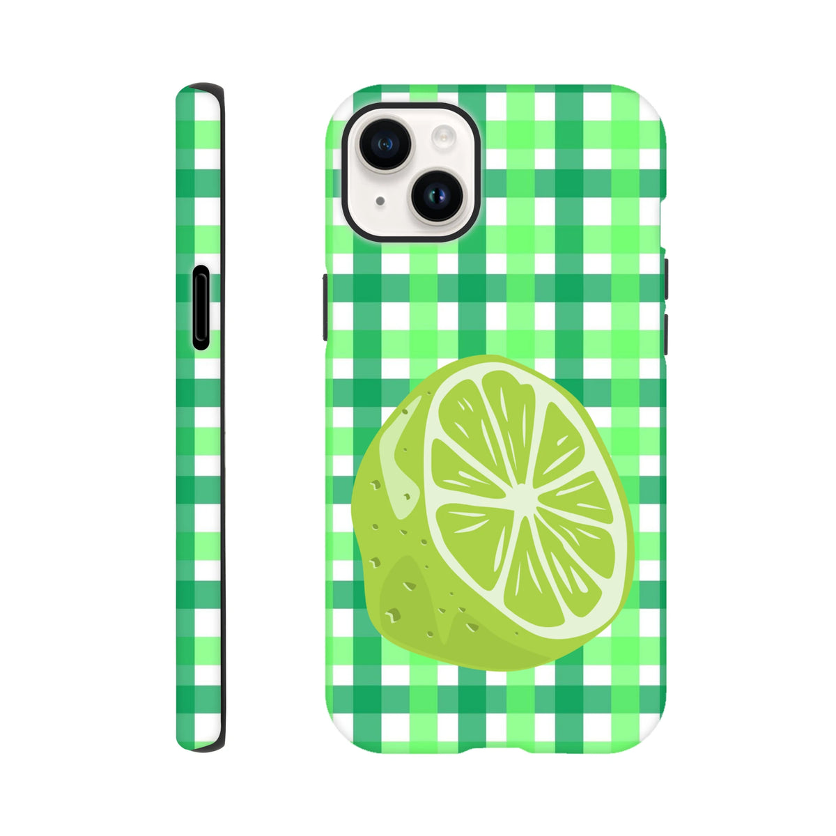 Lime gingham iPhone case featuring a large citrus slice graphic on a green and white checkered background for shock-absorbing protection.