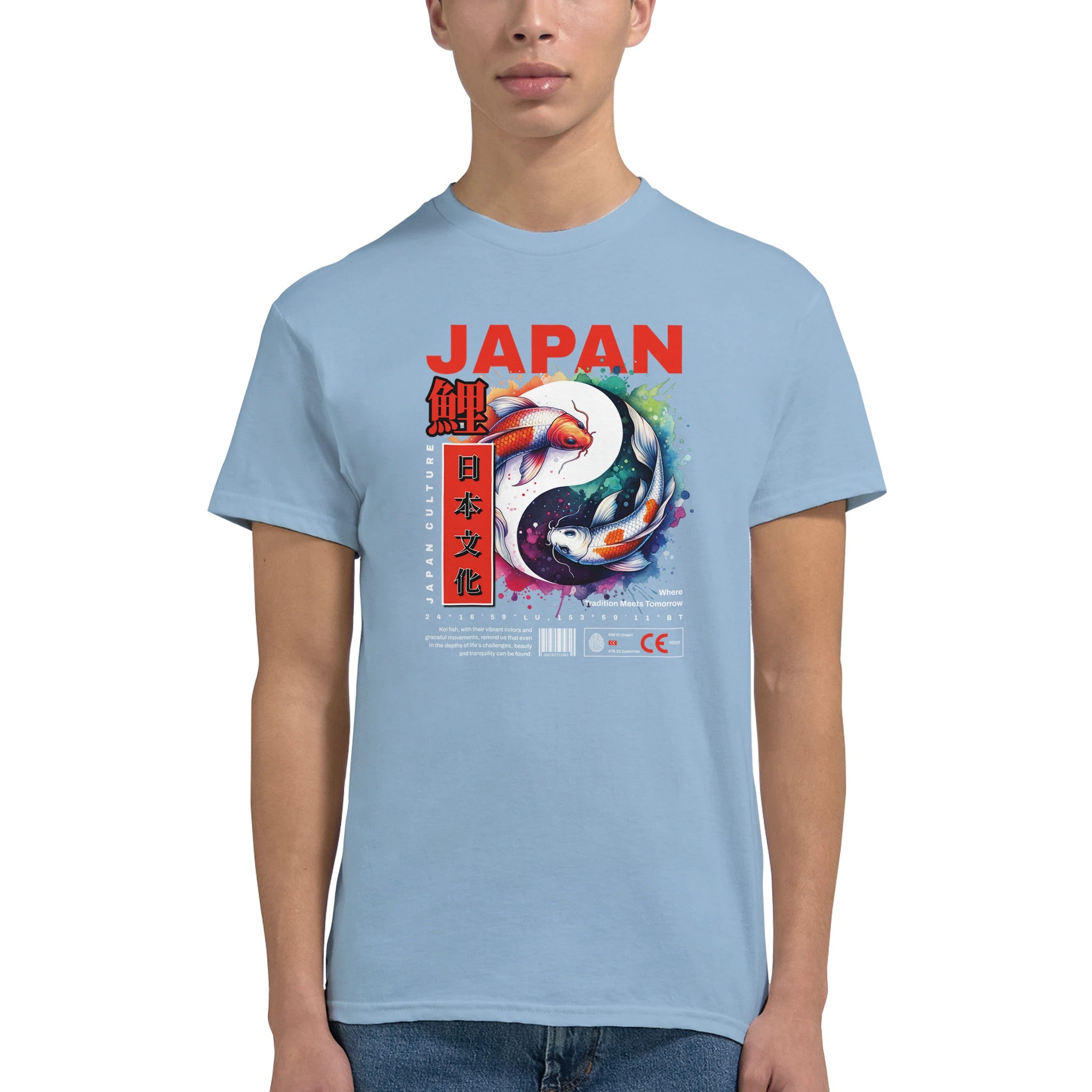 Japanese Men's Graphic T‑Shirt in blue featuring koi fish artwork and bold JAPAN text, soft cotton blend, sizes S–XL.