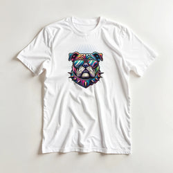 Colorful bulldog graphic on a white women's tee with sunglasses and a spiked collar
