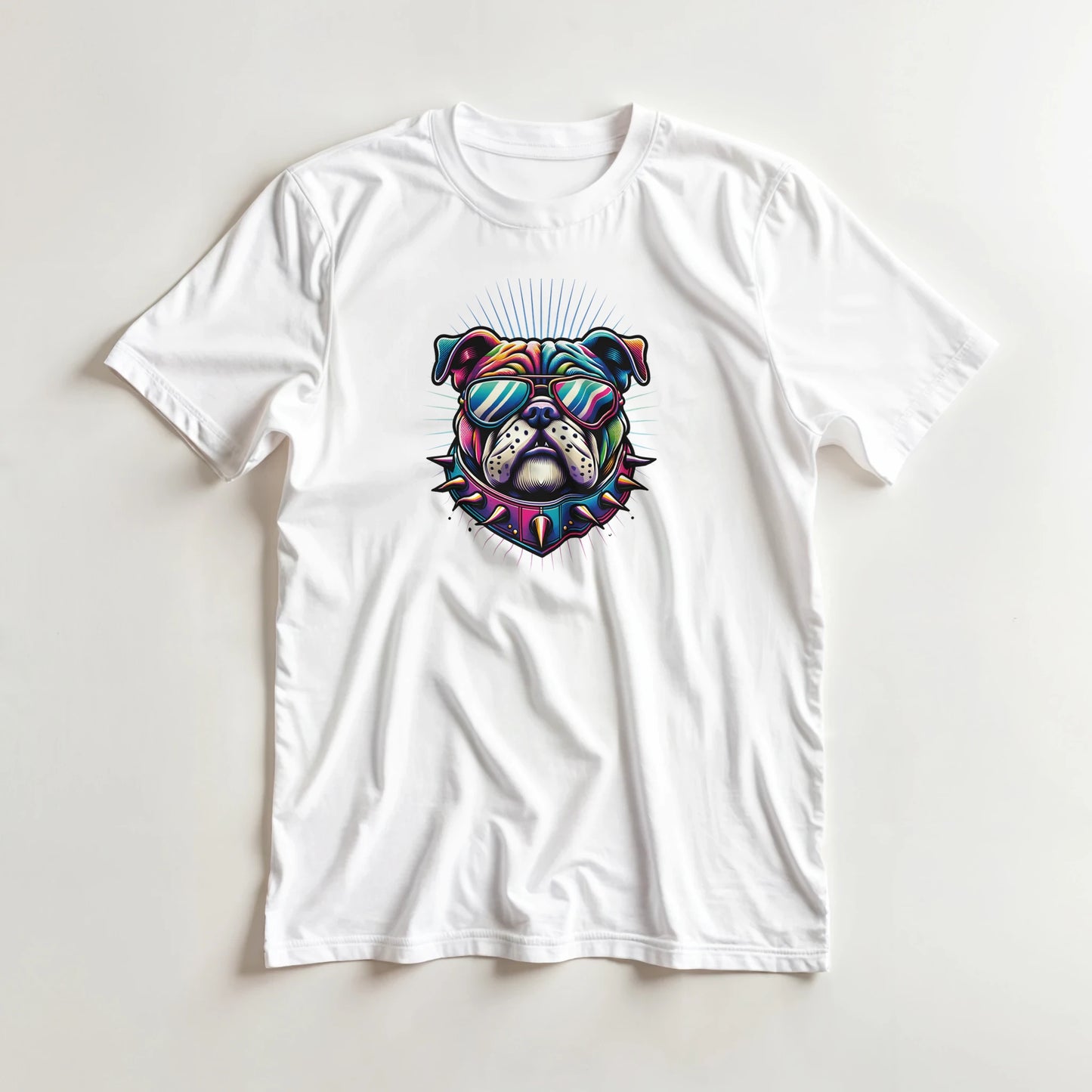 Colorful bulldog graphic on a white women's tee with sunglasses and a spiked collar