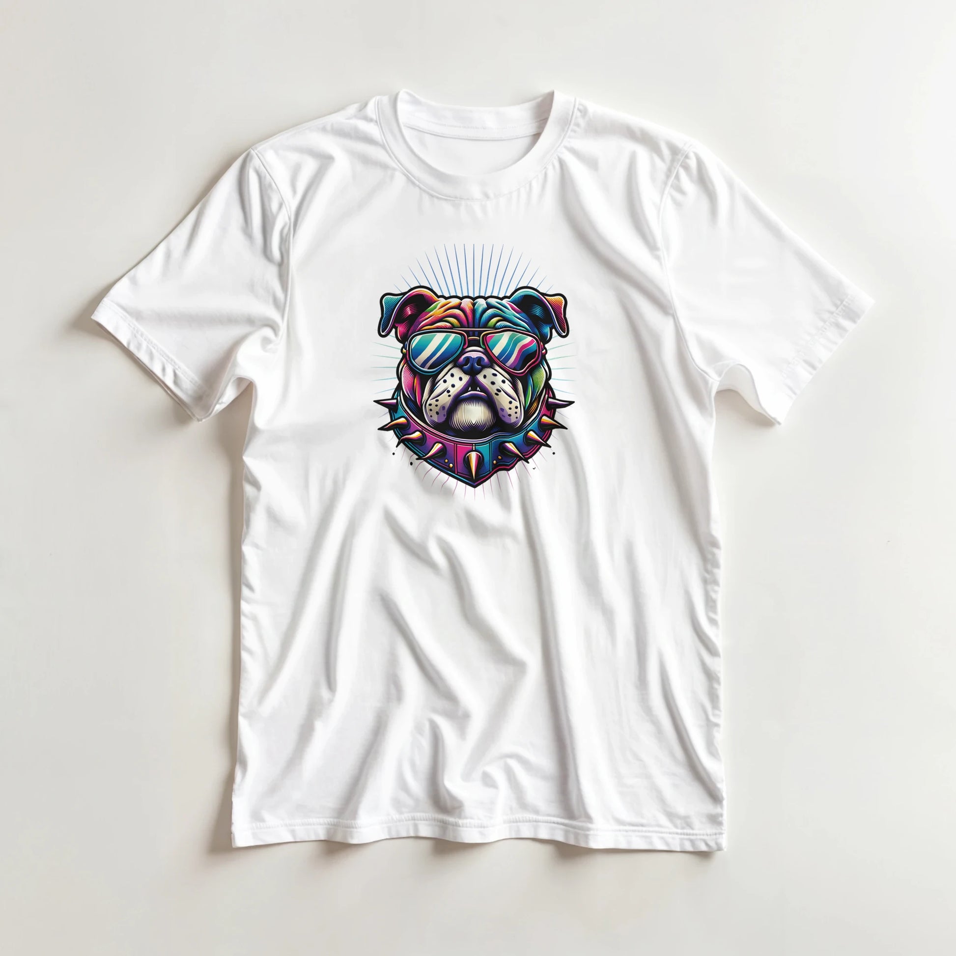 Colorful bulldog graphic on a white women's tee with sunglasses and a spiked collar