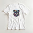Colorful bulldog graphic on a white women's tee with sunglasses and a spiked collar