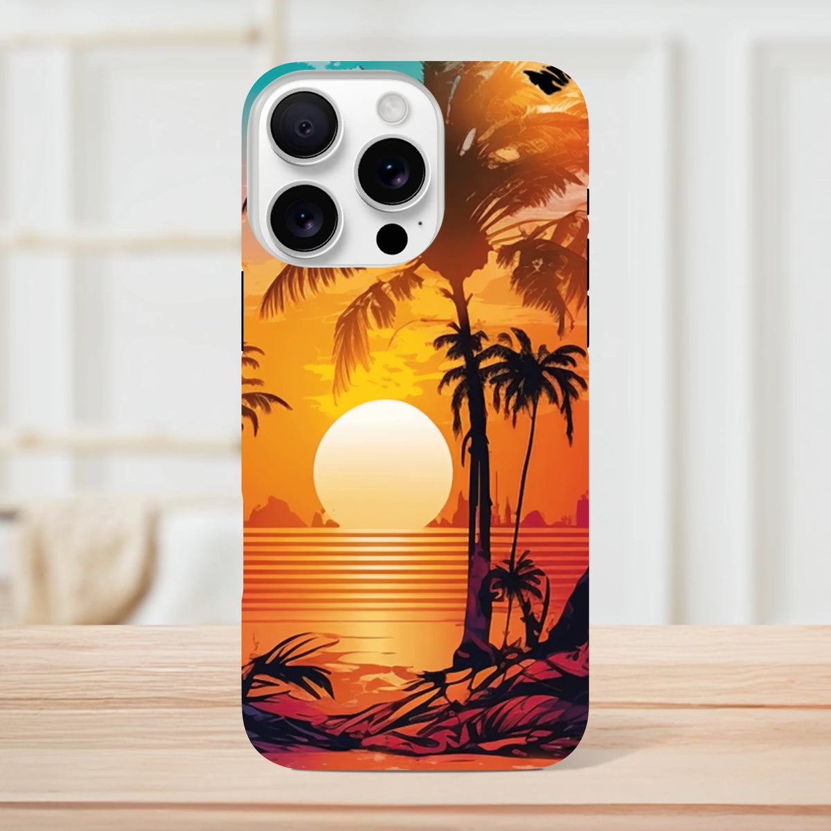 Retro tropical sunset iPhone case with palm tree silhouettes and vibrant orange gradient, perfect for beach vibes and island energy.