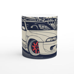 JDM drift car mug with a stylized white car, red rims, and city backdrop on glossy ceramic