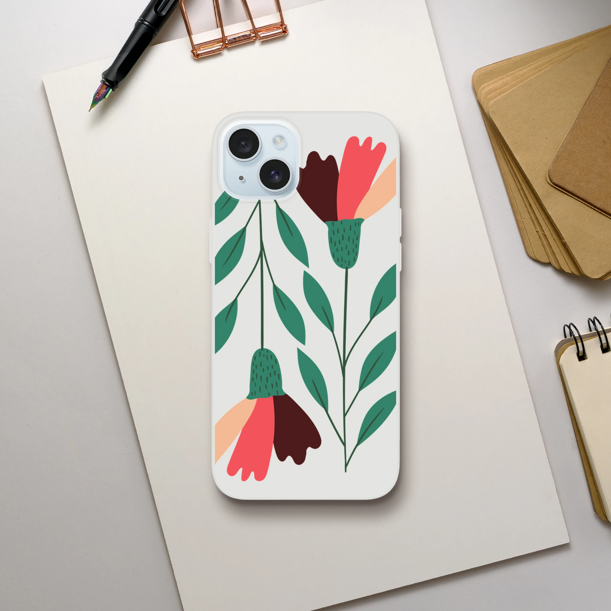 Floral Slim Protective Phone Case for iPhone 13-16 with frosted transparent texture and green leaves.