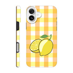 Yellow and orange gingham iPhone case featuring a whole lemon and slice illustration, designed for drop protection.