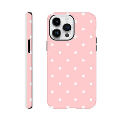 Pastel pink iPhone case with white polka dots featuring a tough dual-layer frame and shock-absorbing TPU protection for dropped phones.