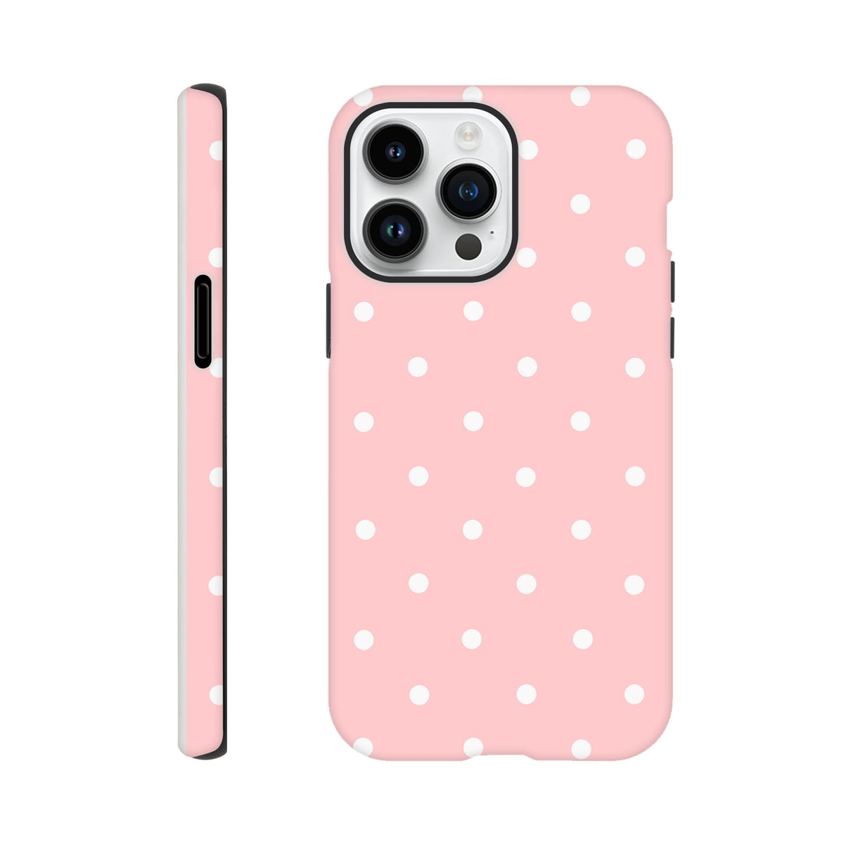 Pastel pink iPhone case with white polka dots featuring a tough dual-layer frame and shock-absorbing TPU protection for dropped phones.